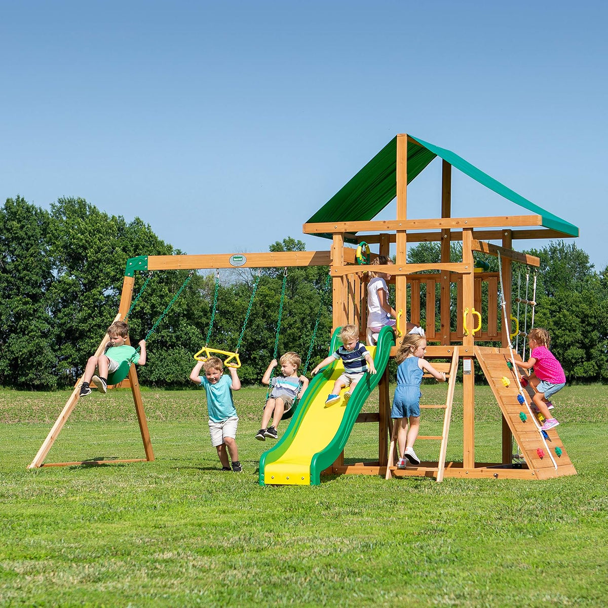 Cedar Wood Swing Set with Wave Slide. Play Deck. Double Rock Wall. Rope Ladder. Web Swing. Belt Swings. Toy Telescope. Steering Wheel. Sandbox Area. Outdoor Playset
