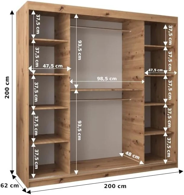 ABIKSMEBLE Verona 4 200 Bedroom Wardrobe with Three Sliding Doors – Modern Storage Cabinet with Mirror. Coat Rack and Shelves – 200 x 200 x 62 cm –