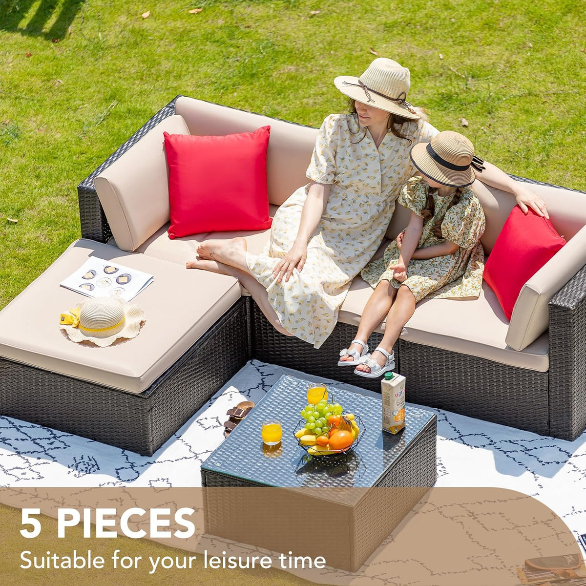 5-Piece All-Weather Patio Furniture Set with Cushions. Outdoor Wicker Conversation Sofa Set for Garden. Deck & Backyard