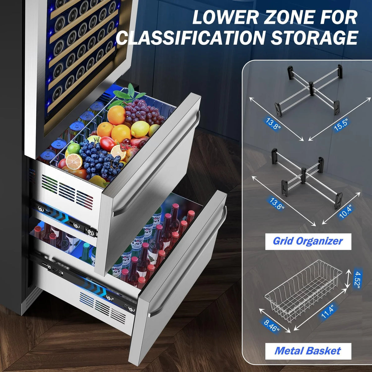 24 Inch Dual Drawer Fridge Under Counter with Wheels. Outdoor Beverage Refrigerator for Patio. Stainless Steel Weather-Proof. Freestanding or Built-In Installation. Ideal for Home and Commercial Use