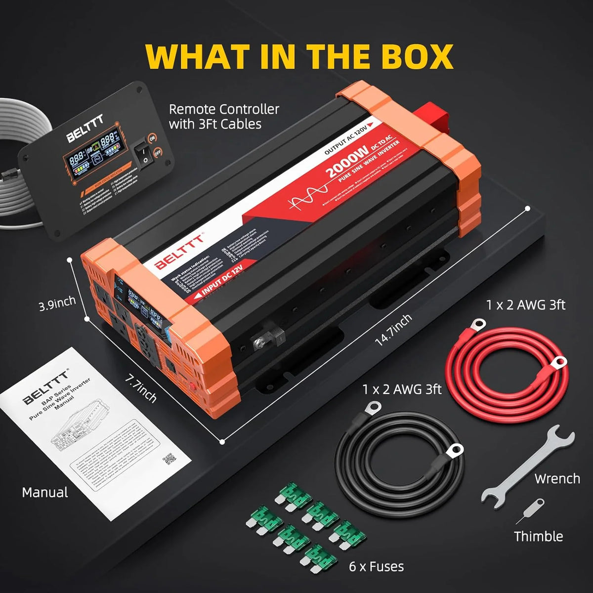 2000W Pure Sine Wave Inverter. Car Power Inverter 12V to 120V AC Converter for RV. Truck. Solar. Outdoor with Dual AC and 20A Socket. 5V 2.1A USB. Surge 4000W. Hardwire Port. Remote Controller