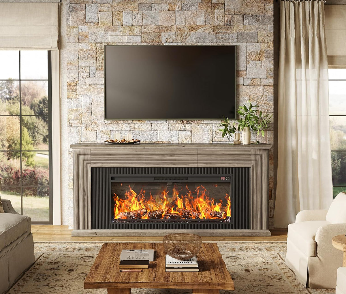 75-inch wall-mounted TV cabinet. rustic modern entertainment center with fireplace. 70-inch media cabinet with 3 drawers. featuring a recessed design. suitable for the living room. black version
