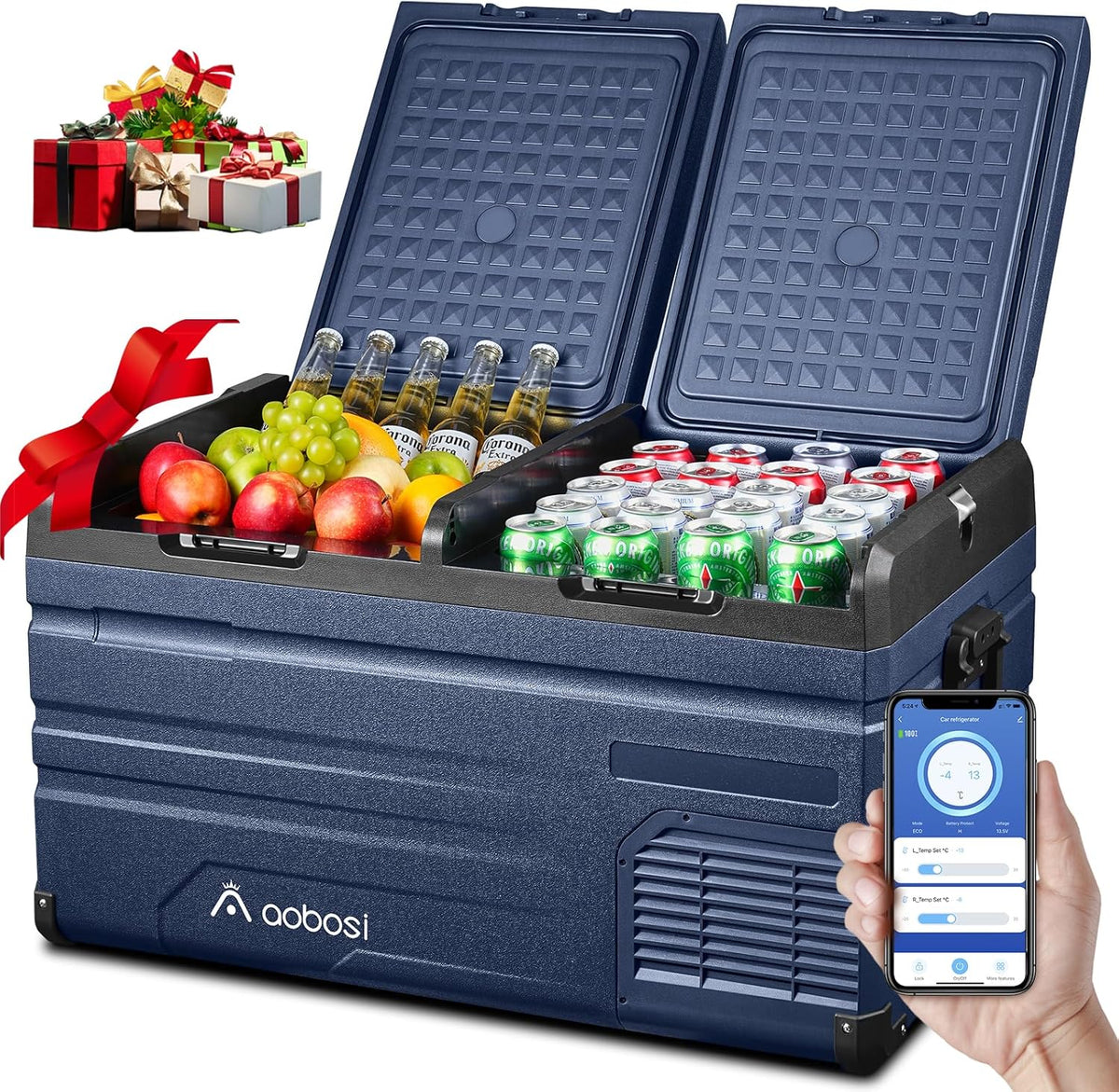 AAOBOSI 72L Kompressor Kühlbox. Dual Zone. Camping Kühlschrank mit APP. -20°C bis 20°C. USB-Handy-Ladung. LED-Beleuchtung. 12/24V und 100-240V.