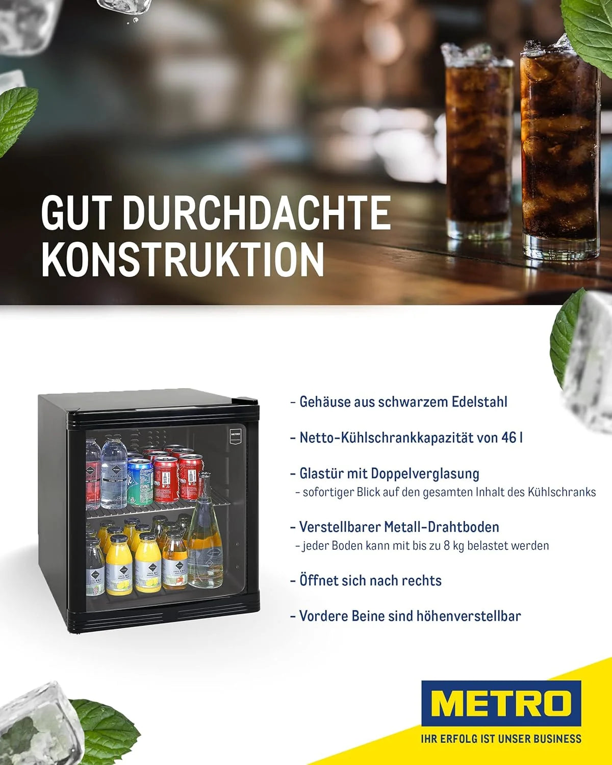METRO Professional Mini-Kühlschrank GPC1046. Edelstahl/Glas. 43 x 48 x 51.5 cm. 46 L. schwarz