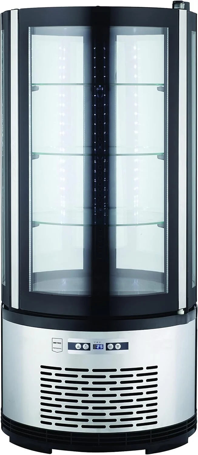 METRO Professional Kuchen-Vitrine GRV1100. Gastro. Edelstahl/Glas. 100 L. Umluftkühlung. 490W. Temperaturanzeige. automatisches Abtauen. rund. silber.