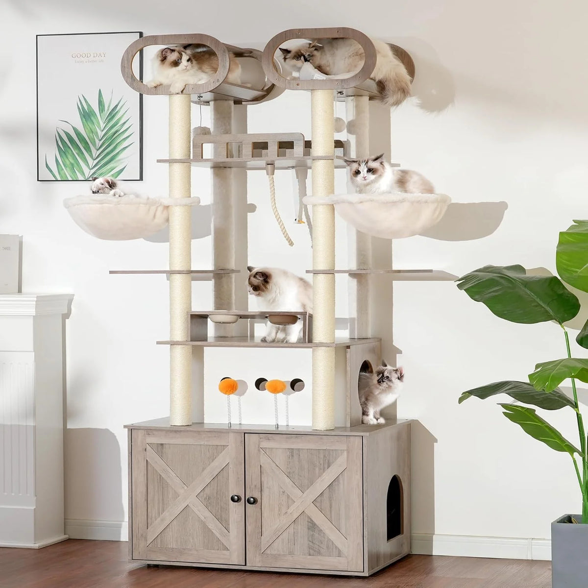 The Habori cat climbing frame with cat litter box storage box. a 76.8-inch wooden Menicos cat tower. equipped with a feeding station and a large platform. modern-style large cat apartment furniture. with a climbing column made of full Nisaal material