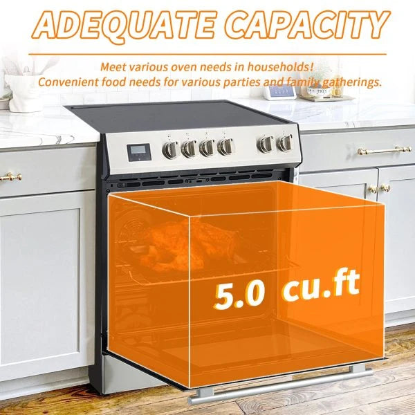 5.0 Cu. Ft. Freestanding Electric Range with Front Controls and 5 Cooktop Elements. Stainless Steel