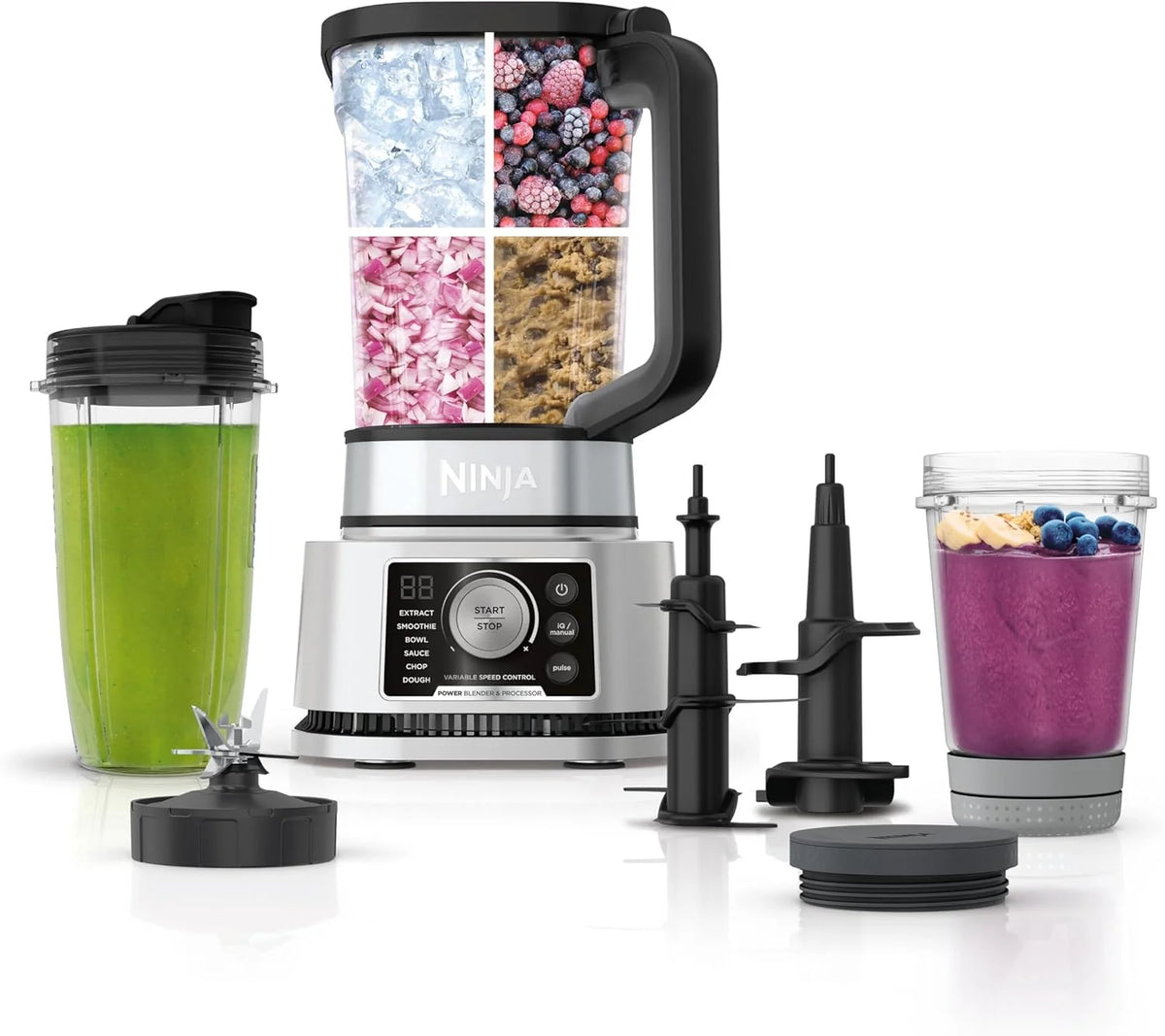 Blender and food processor combination set. Foodi powerful blender system. suitable for making smoothies. bowl foods. spreads and milkshakes. with 6 functions. 72-ounce water jug. portable cup. silver color. SS401 model.