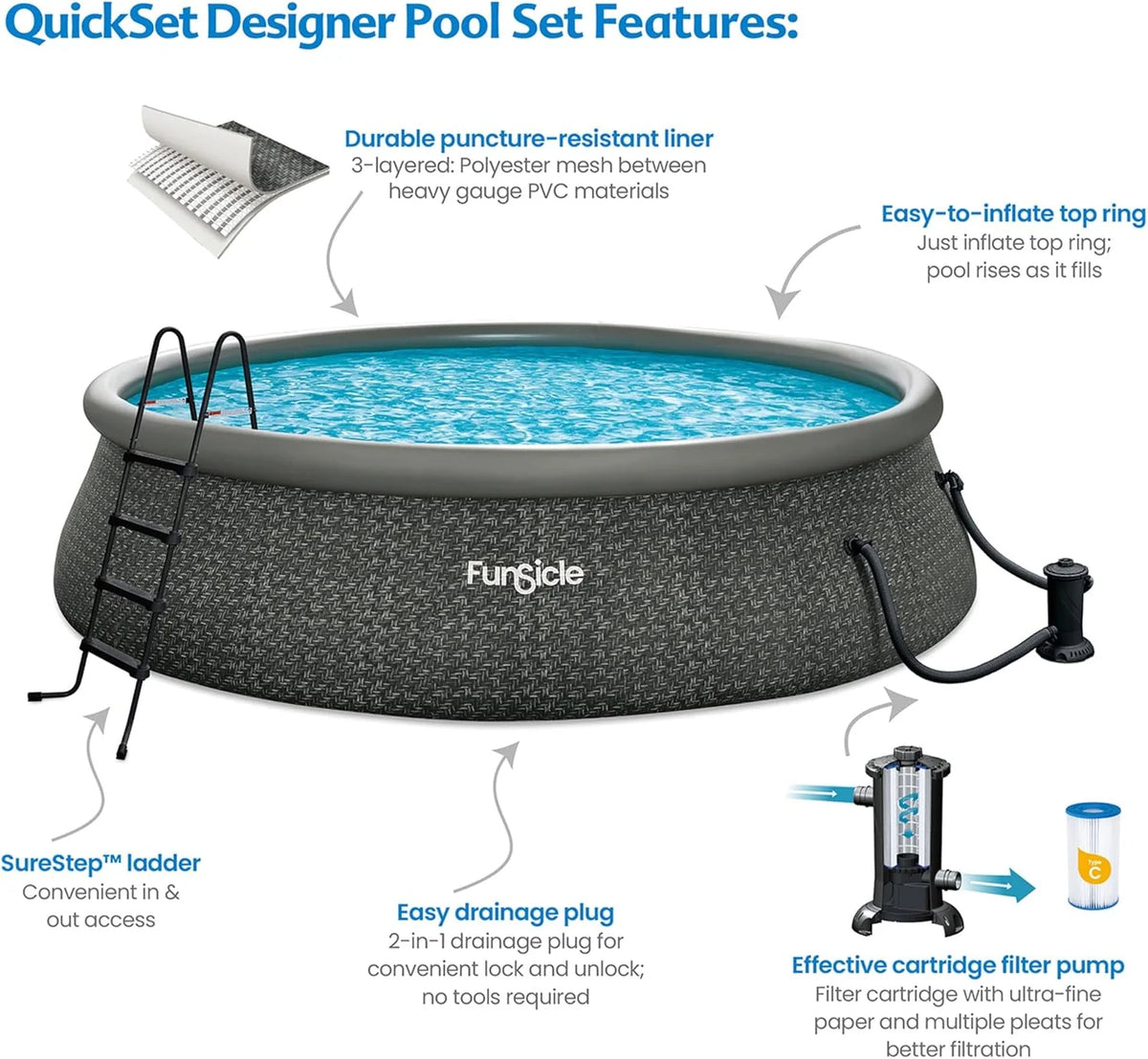 12 Foot by 36 Inch Quickset Round Inflatable Ring Top Outdoor Above Ground Swimming Pool Set with Pump and Cartridge Filter. Dark Herringbone