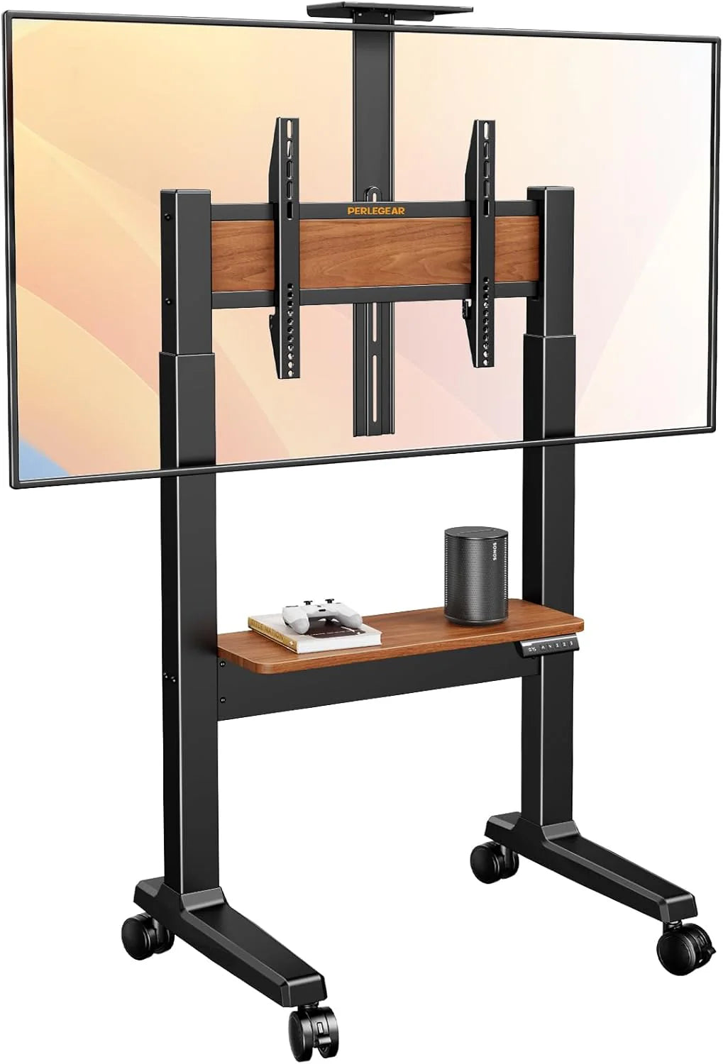 Motorized Mobile TV Stand on Wheels for 37–86 Inch TVs up to 154 lbs. Electric Height Adjustable Rolling TV Stand. VESA 200x200–600x400mm. Wooden Shelf & Panel. PGTVMC26B