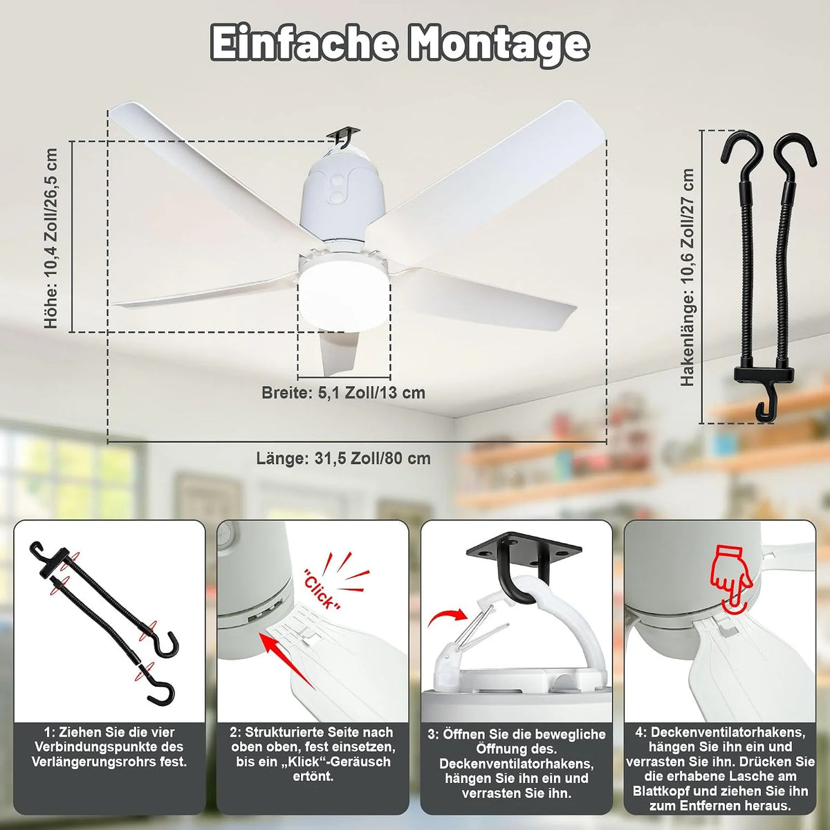 80CM Akku Deckenventilator mit Beleuchtung für Outdoor. 40000mAh Akku Groß Mobiler Ventilator mit Licht. 3000K-6000K Dimmbar. Fernbedienung & Haken.