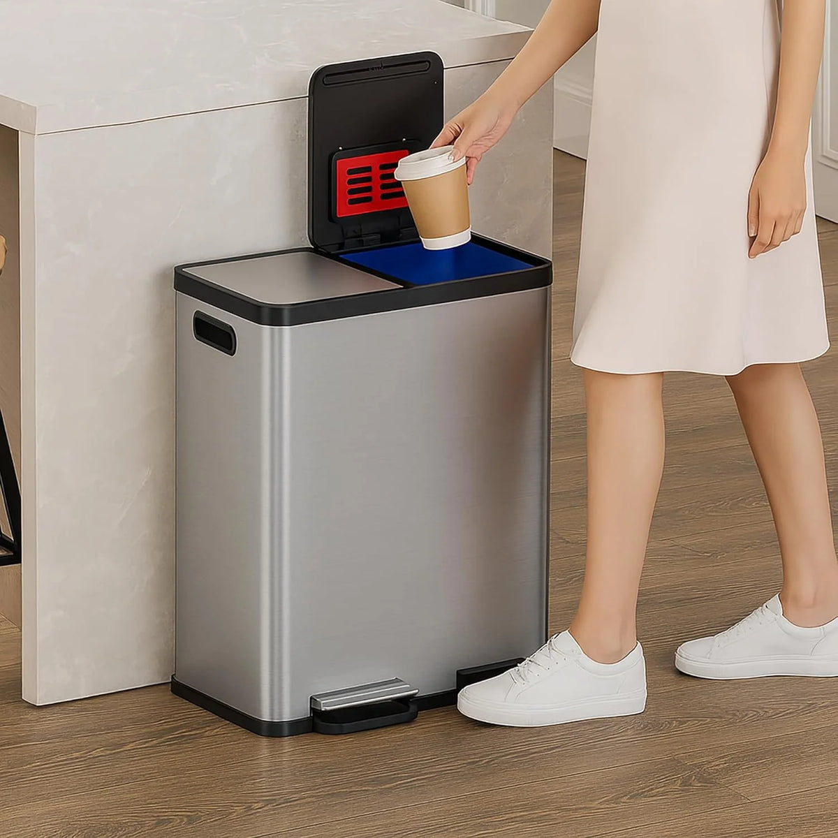 16-gallon contact-free trash and recycling bins. made of stainless steel. with a double compartment design (each compartment holds 8 gallons). suitable for recycling and waste disposal in the kitchen.