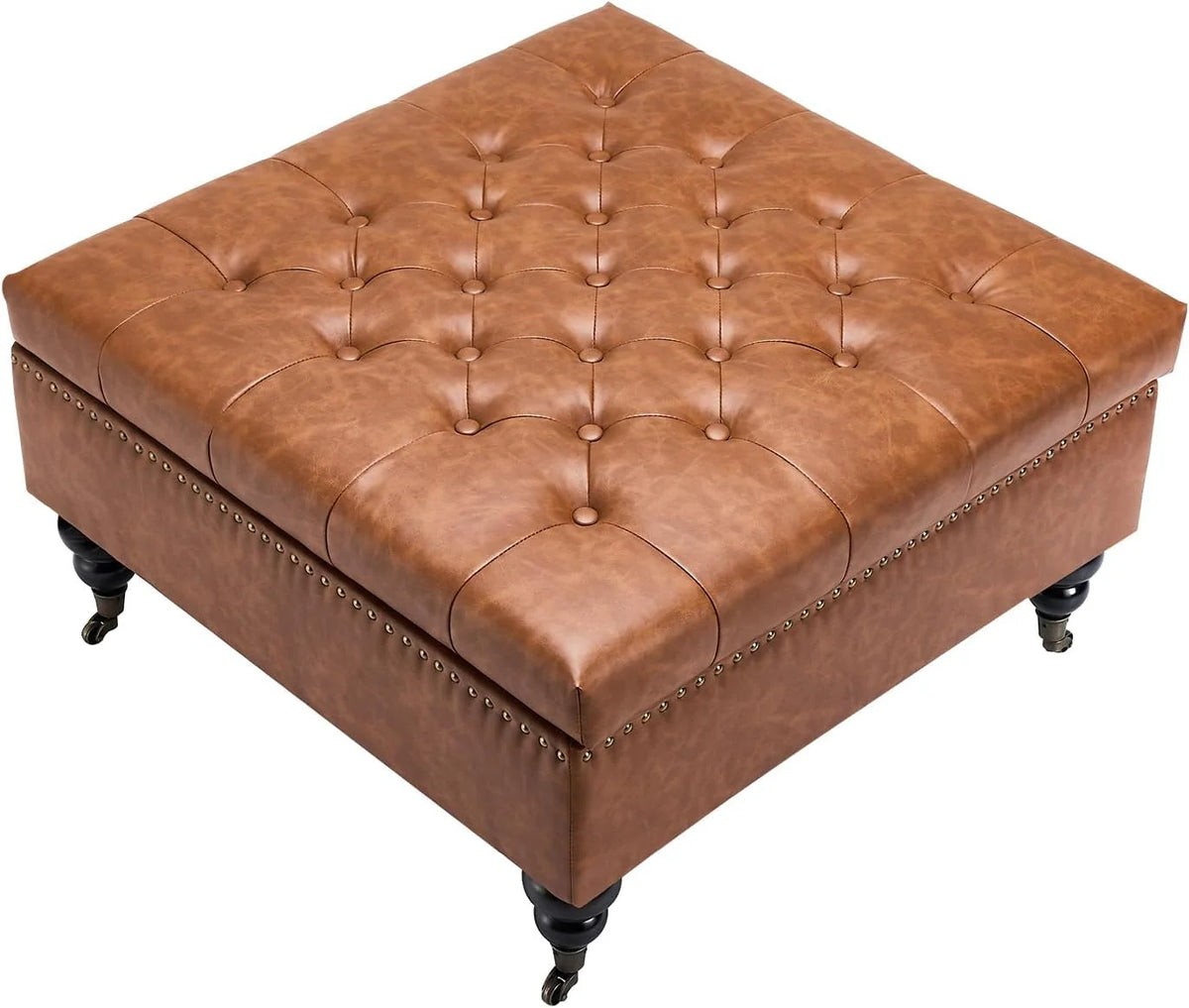 Square leather footstool with storage function. coffee table-style footstool with soft padded raised buttons. equipped with wheels. polyurethane leather high-density sponge. suitable for living room. dormitory. bedroom. in brown color scheme.