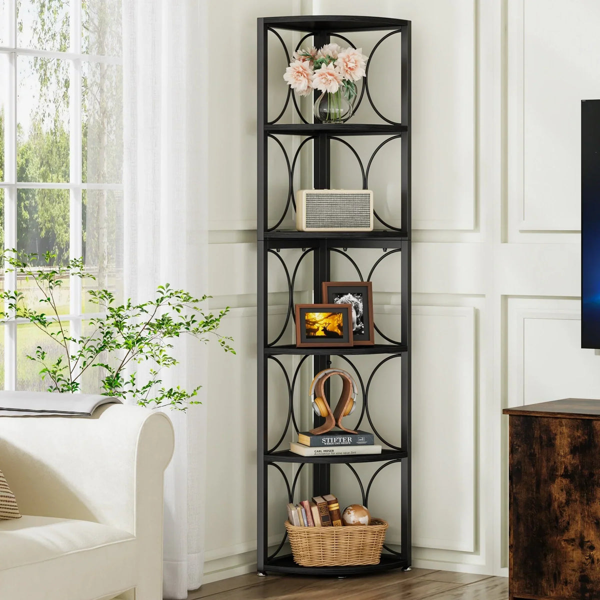 67 Inch Tall Corner Shelf. Freestanding Corner Bookshelf and Storage Shelving Unit