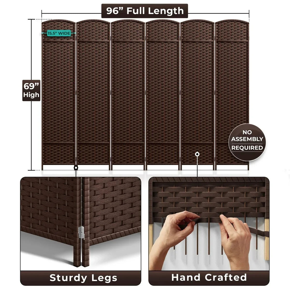 6 Panel Room Divider. 6ft Tall Extra Wide Folding Privacy Screen with Hand-Woven Mesh Panels