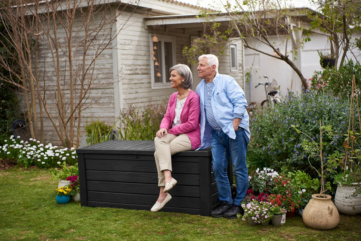 150 Gallon Resin Outdoor Storage Box. Large Deck Container for Patio. Garden and Yard. Dark Gray
