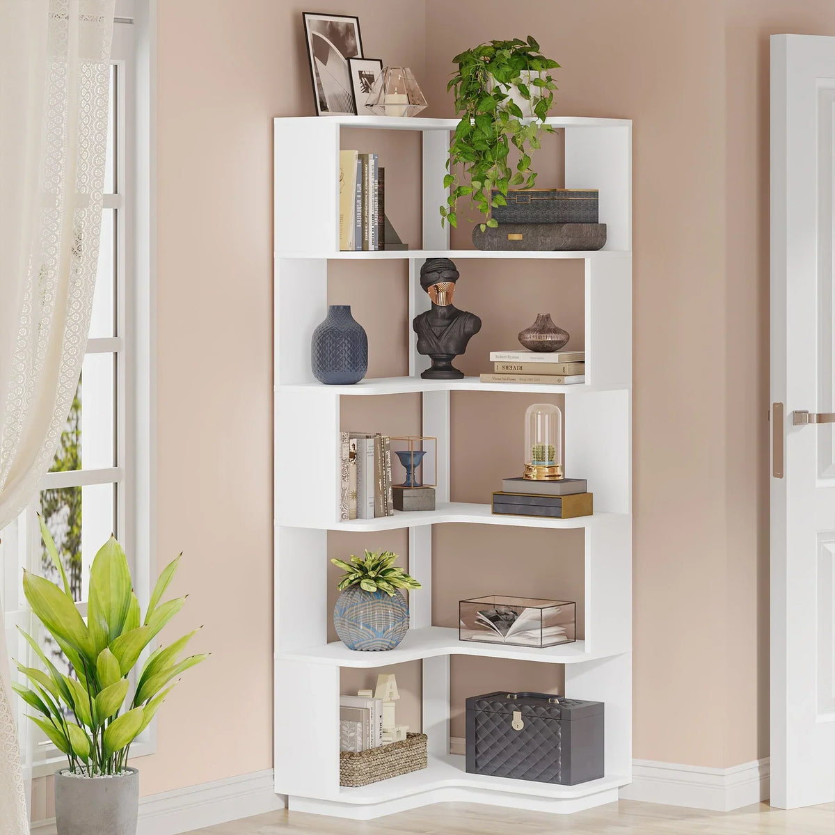 64.9 Inch Tall 6-Tier Corner Bookshelf. Freestanding Wood Industrial Bookcase