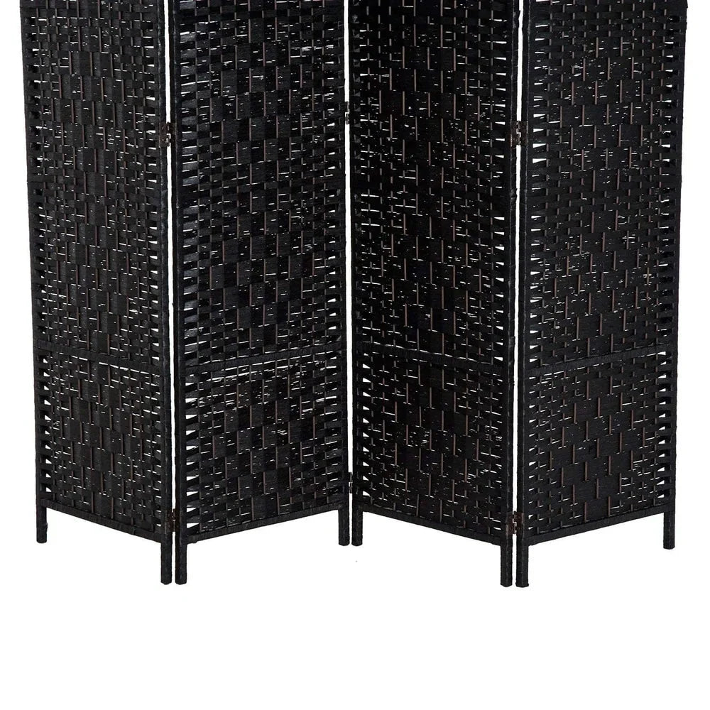 6 Ft Tall Four-Panel Wicker Weave Room Divider. Black Wood Privacy Screen