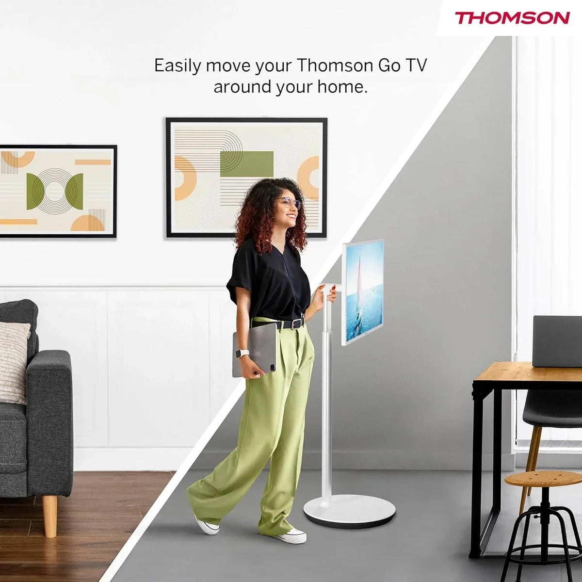 THOMSON 32 Pulgadas (81 cm) Go TV. Televisor Android Portátil – HD Ready (1366x768). Control por Voz. Bluetooth 5.1. Wi-Fi. Función de Punto de Acceso
