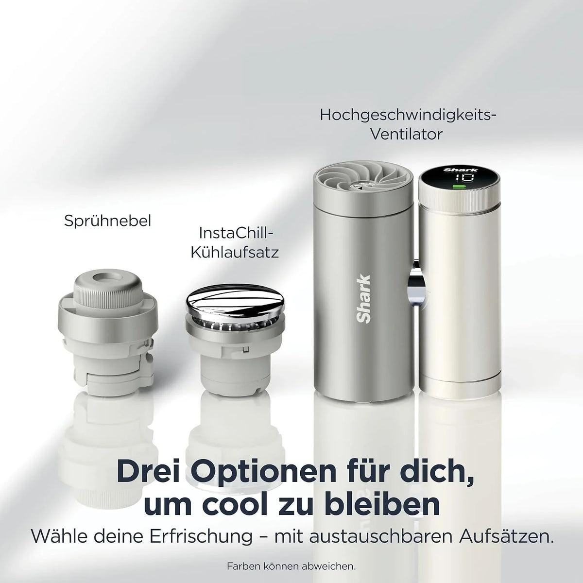 Shark ChillPill 3-in-1-Hochgeschwindigkeits-Handventilator-. Sprühnebel- und InstaChill-System Paket mit Reise-Etui. mit 3 Kühlaufsätzen.