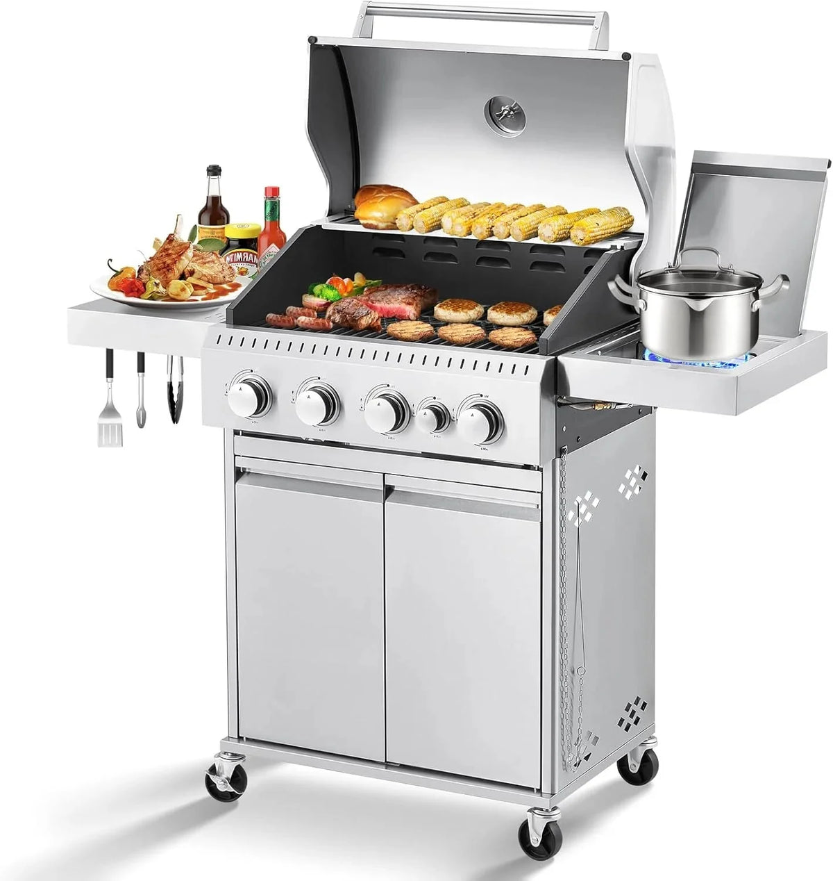 4-Burner Propane Gas Grill with Cast Iron Grates. Side Stove and 44.000 BTU Stainless Steel Burners