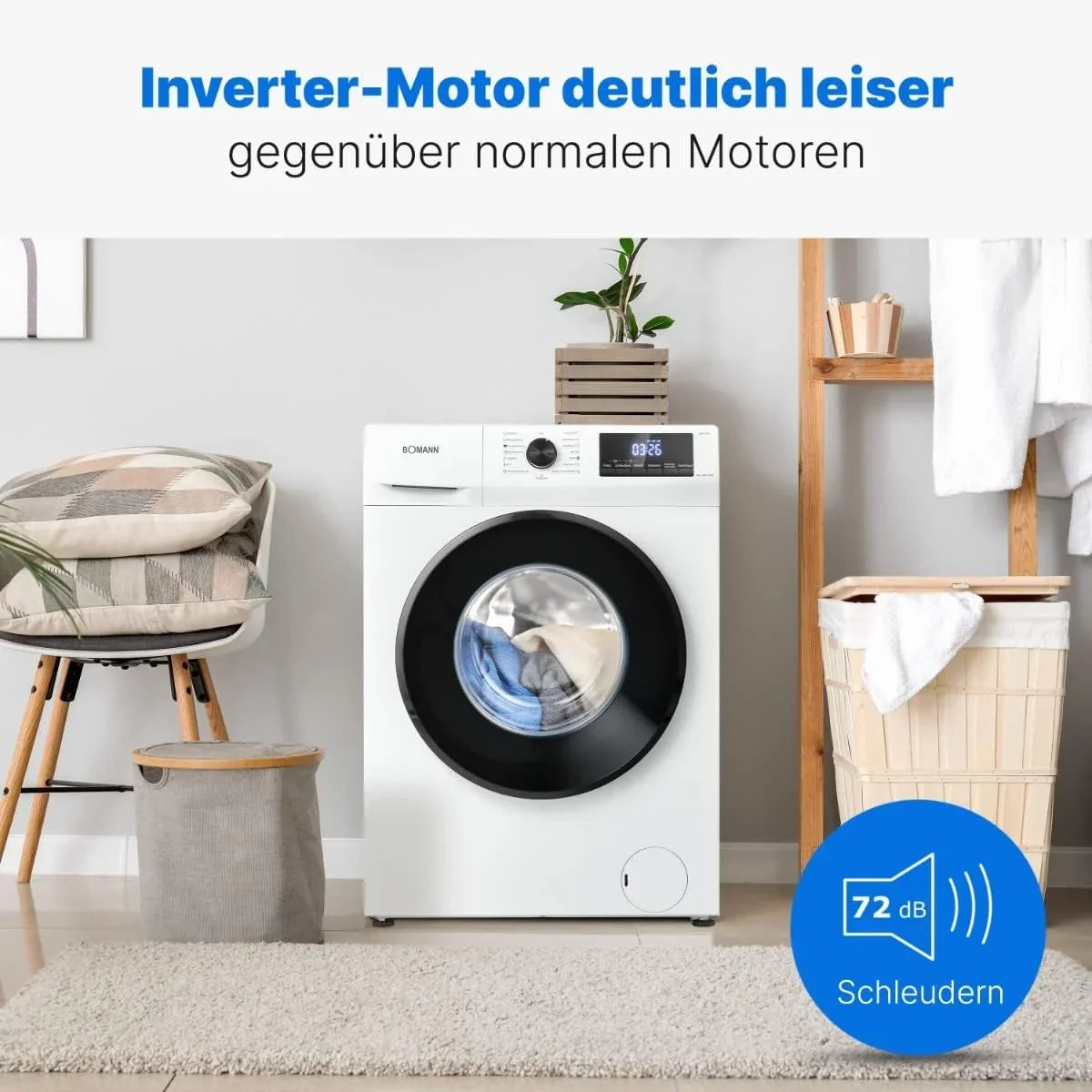 Bomann Waschmaschine 8kg | max. 1400 U/min | 10 Jahre Motor-Garantie | robuster. leiser & langlebiger Invertermotor | 15 Waschprogramme | LED-Display