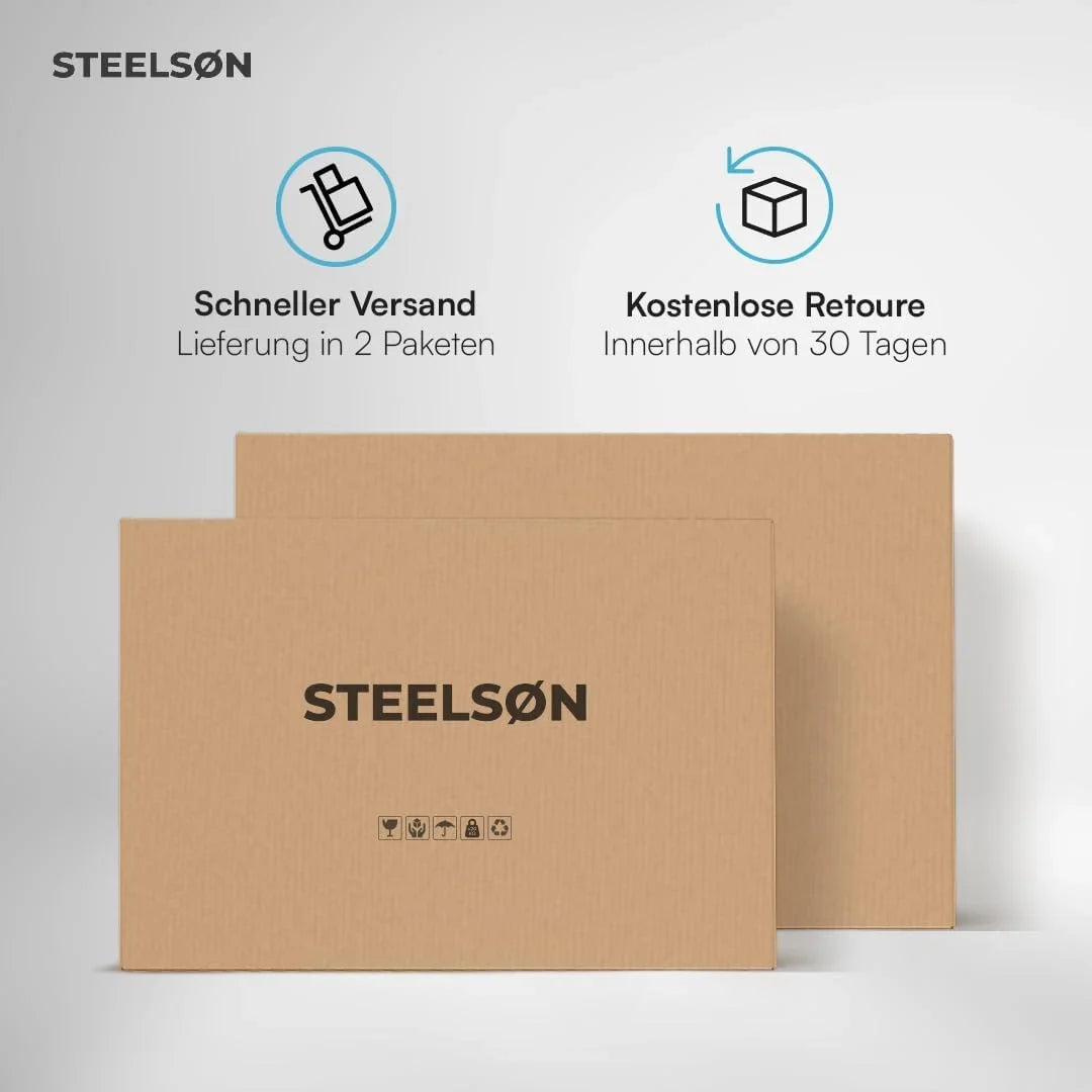 STEELSØN Zethora Rattan Gartenmöbel Set 3-TLG. – Outdoor Sitzgruppe für Garten/Terrasse/Balkon – Gartenlounge mit 3er-Sofa. Hocker & Tisch –