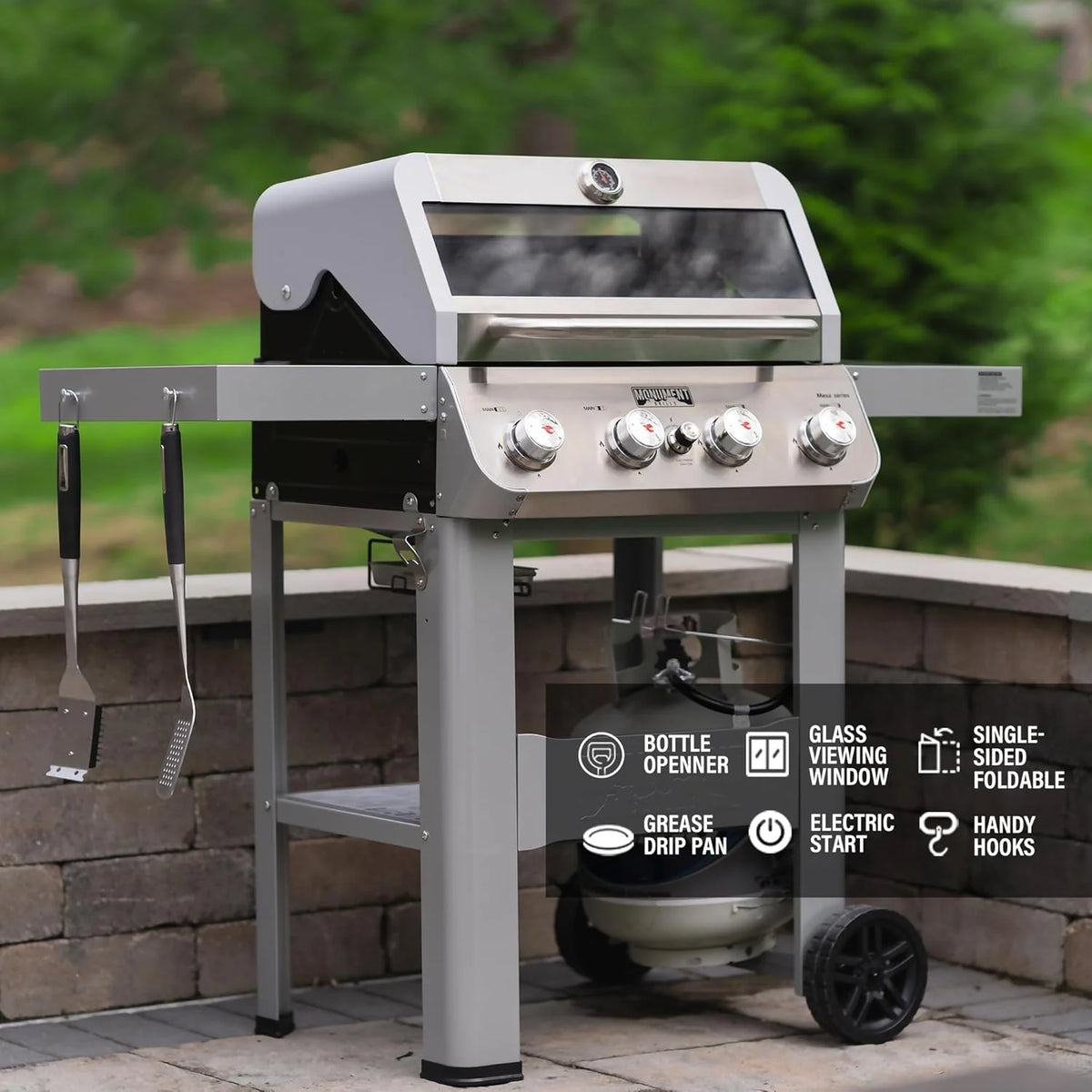 Grills 4-Burner Liquid Propane Gas Grill. Silver Stainless Steel Grill Outdoor Patio Garden Barbecue Grill with Clearview® Lid and One Foldable Shelf. Mesa400MF