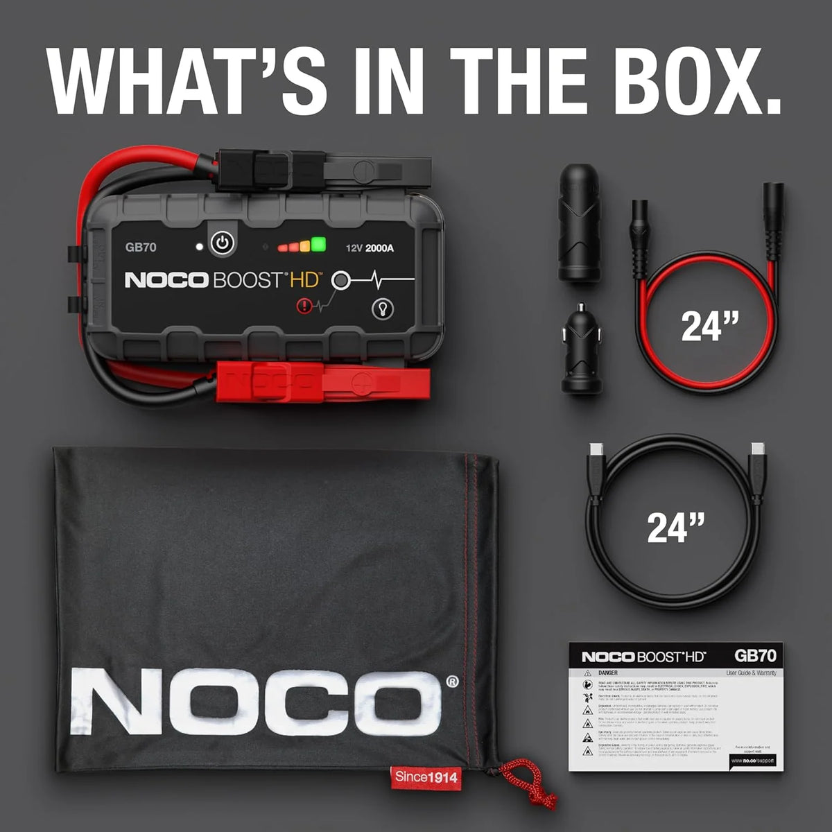 HD GB70 2000A UltraSafe Car Battery Jump Starter. 12V Battery Booster Pack. Jump Box. Portable Charger and Jumper Cables for 8.0L Gasoline and 6.0L Diesel Engines