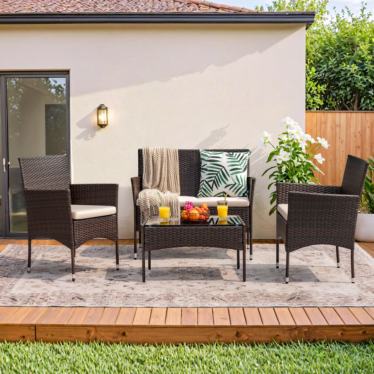 4-Piece Outdoor Patio Furniture Set. Rattan Wicker Chairs and Outdoor Seating Set