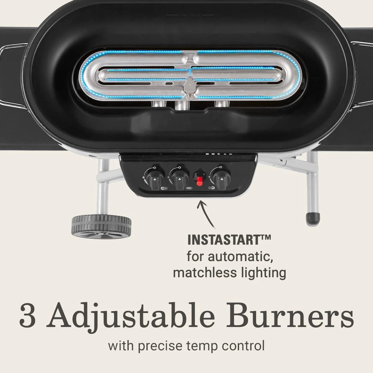 RoadTrip Portable Stand-Up Propane Grill with 3 Adjustable Burners & Instastart Ignition. 20.000 BTUs of Power for Outdoor Cooking
