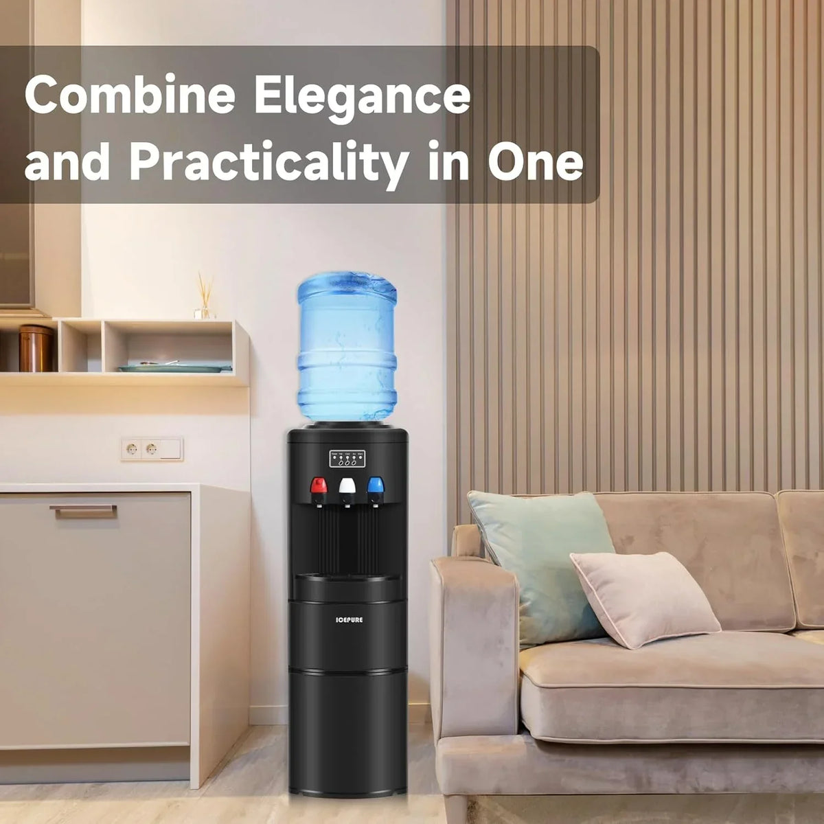3-in-1 Hot & Cold Water Cooler with Built-in Ice Maker – Top Loading for 3-5 Gallon Bottles. Child Safety Lock. Black