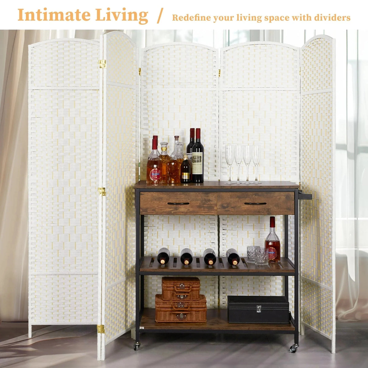 6 FT Tall Woven Fiber Room Divider. Freestanding Folding Privacy Screen