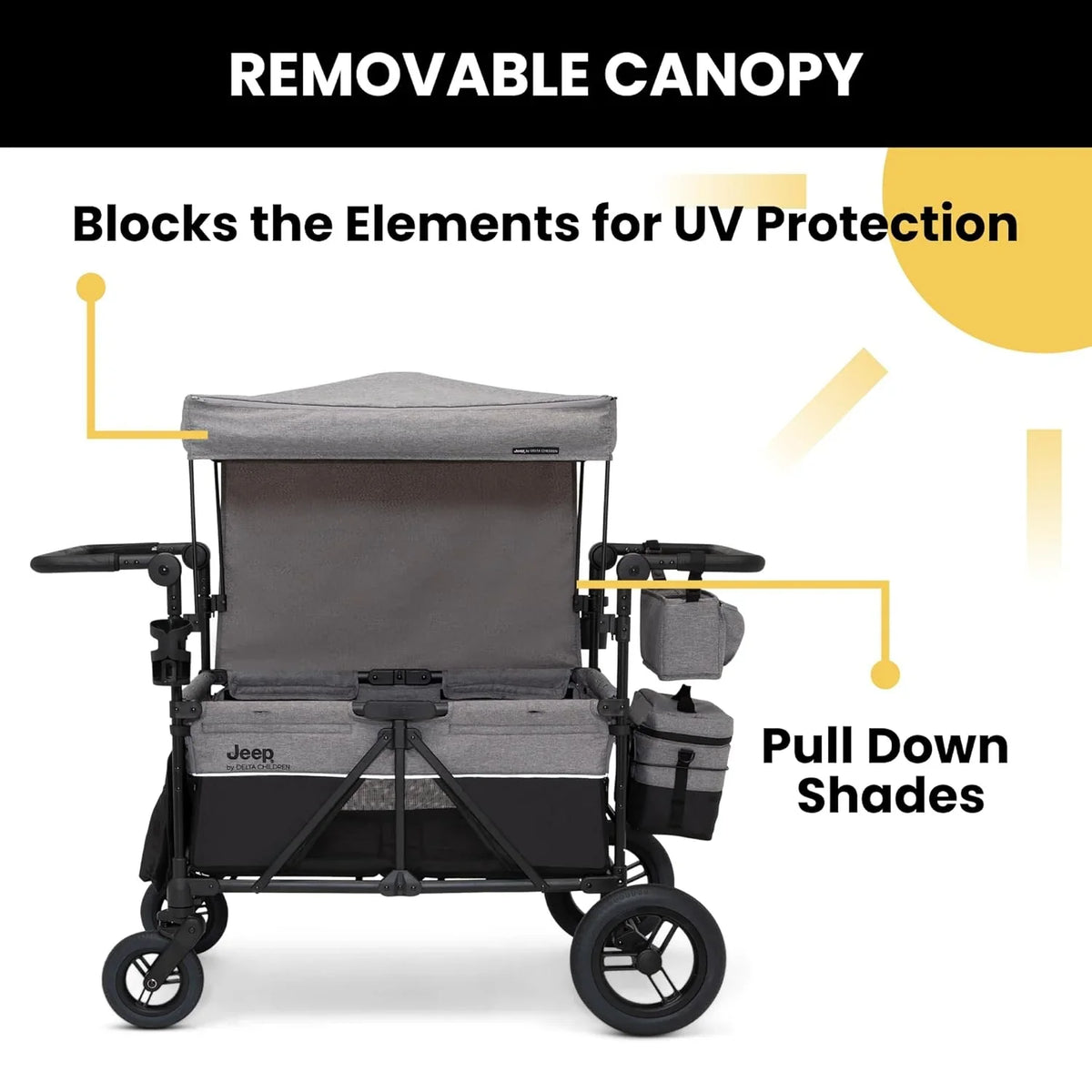 Luxurious 4-seater children's stroller - A high-end 4-seater children's stroller specially designed for 4 children. equipped with convertible seats. adjustable push-pull handles. detachable sunshade. and flat folding device. The color is grey.