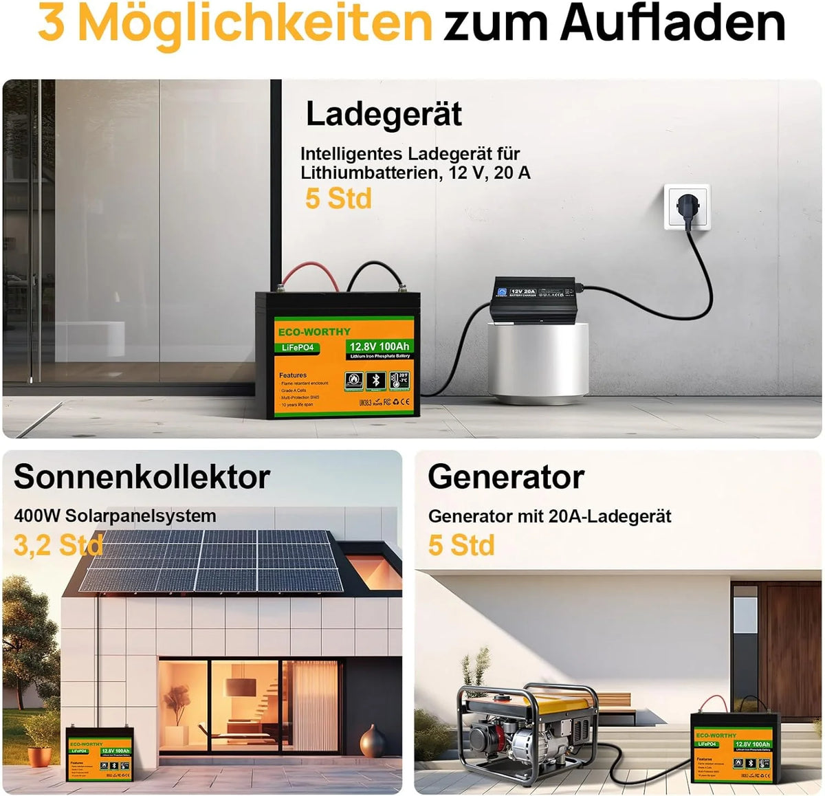 ECO-WORTHY LiFePO4 12V 100Ah Bluetooth mit 100A BMS Low Temperature Schutz und Max. 15000 Zyklens.1280Wh Lithium Batterie 12V 100Ah Autobatterie für