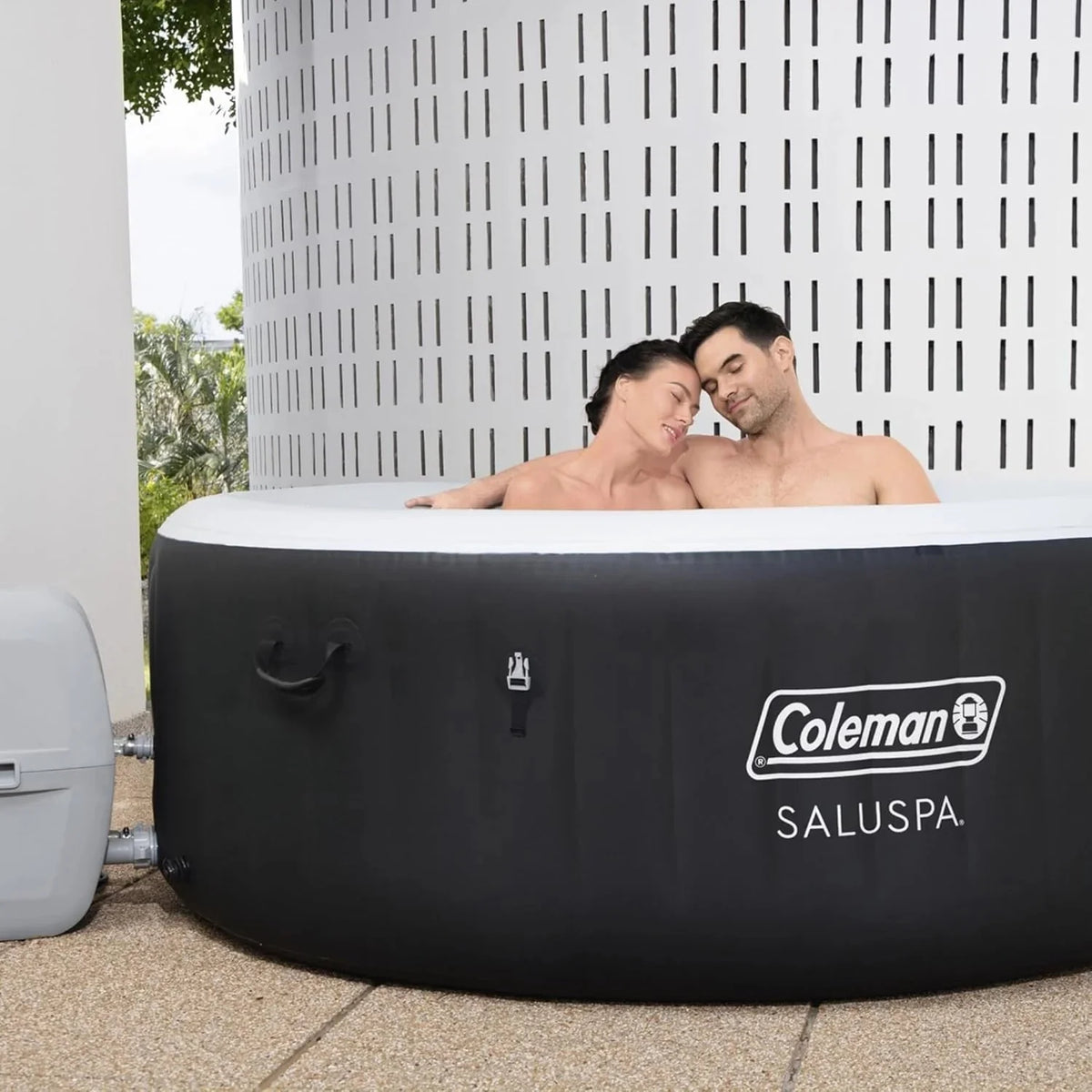 2-4 Person Inflatable Hot Tub. Portable Round Outdoor Spa with 120 Soothing Air Jets and Insulated Cover. Black