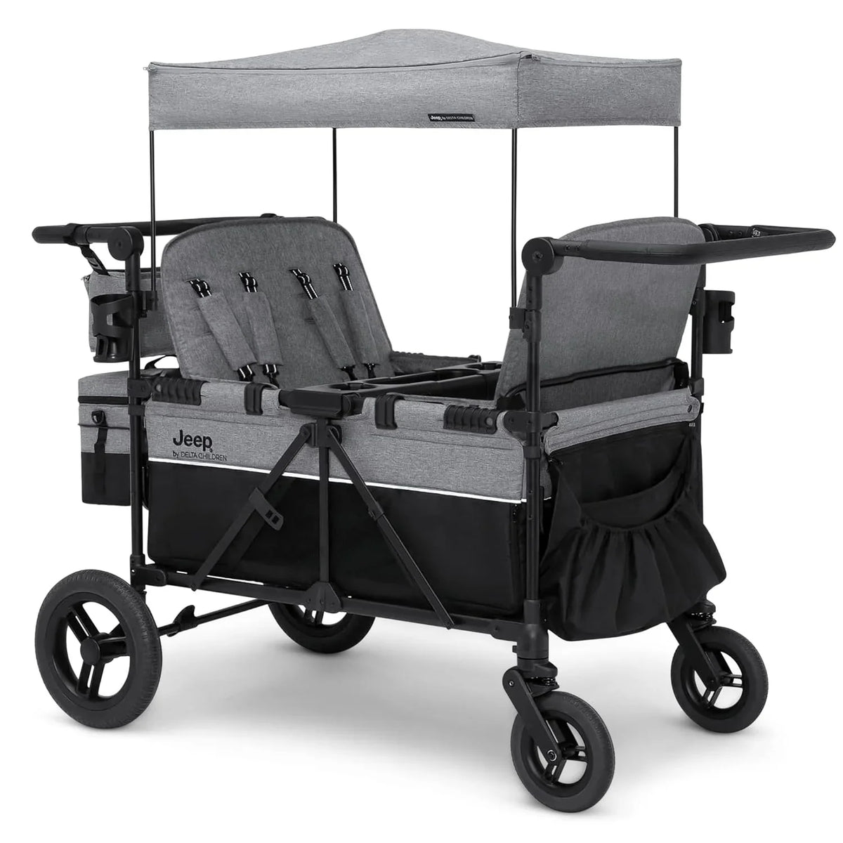Luxurious 4-seater children's stroller - A high-end 4-seater children's stroller specially designed for 4 children. equipped with convertible seats. adjustable push-pull handles. detachable sunshade. and flat folding device. The color is grey.