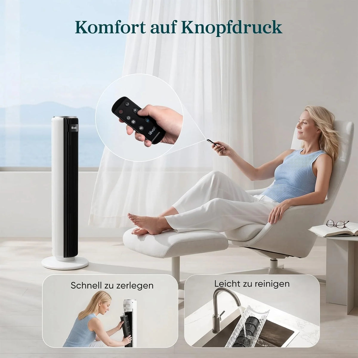 Levoit-Turmventilator mit Fortschrittlichem Schlafmodus-Ventilator leise 12Std Timer 4 Modi 5 Geschwindigkeiten-Automatikbetrieb mit Sensor-