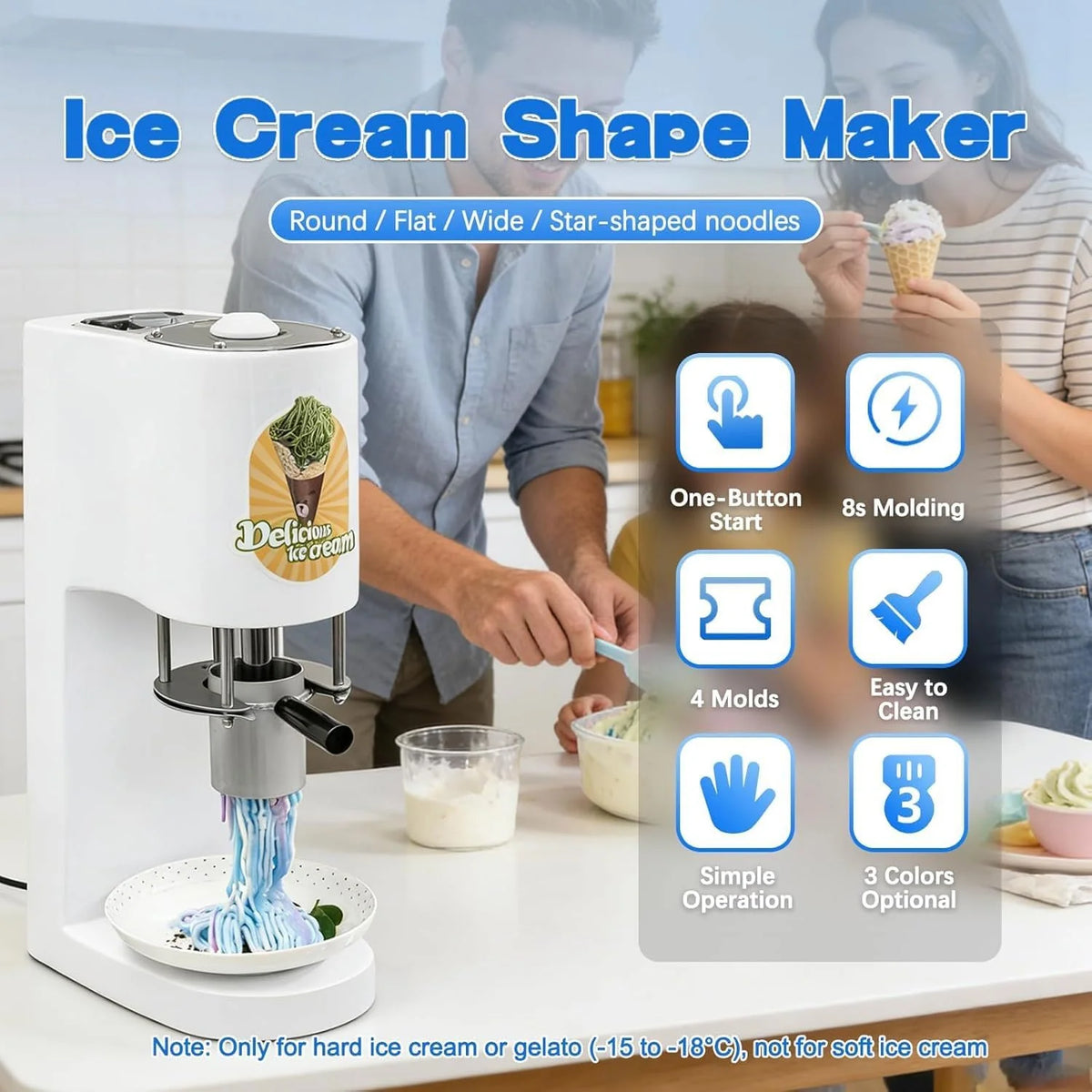 Kommerzielle Spaghetti-Eismaschine. 28–30 l/h. professionelle Gelato-Eis-Nudelmaschine mit 4 verschiedenen Nudelformen. for Catering und Soft-Serve-