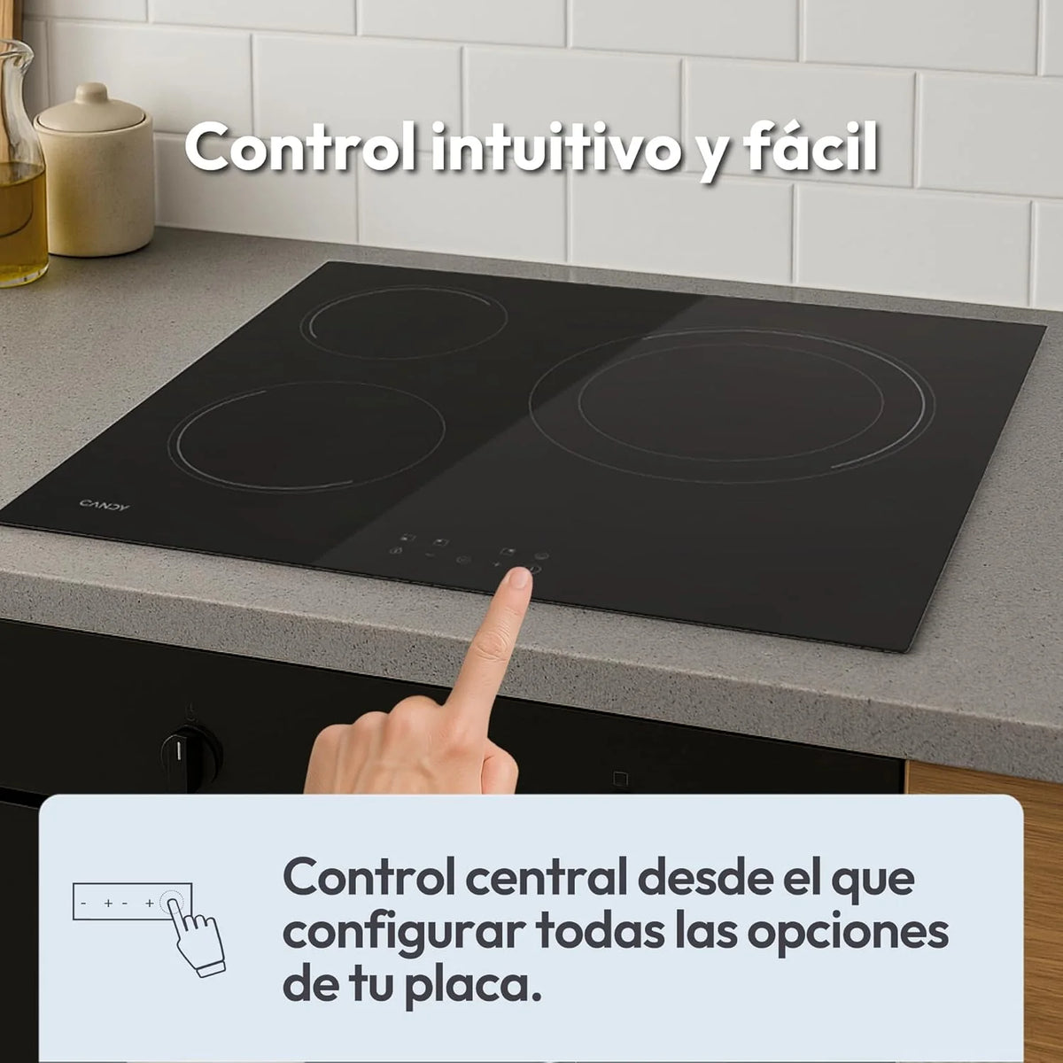 Candy CH63DCC Hob Ceramic Hob 60 cm. 3 Cooking Zones. Double 30 cm Paella Pan. Touch Control. 9 Power Levels. Safety System. Black