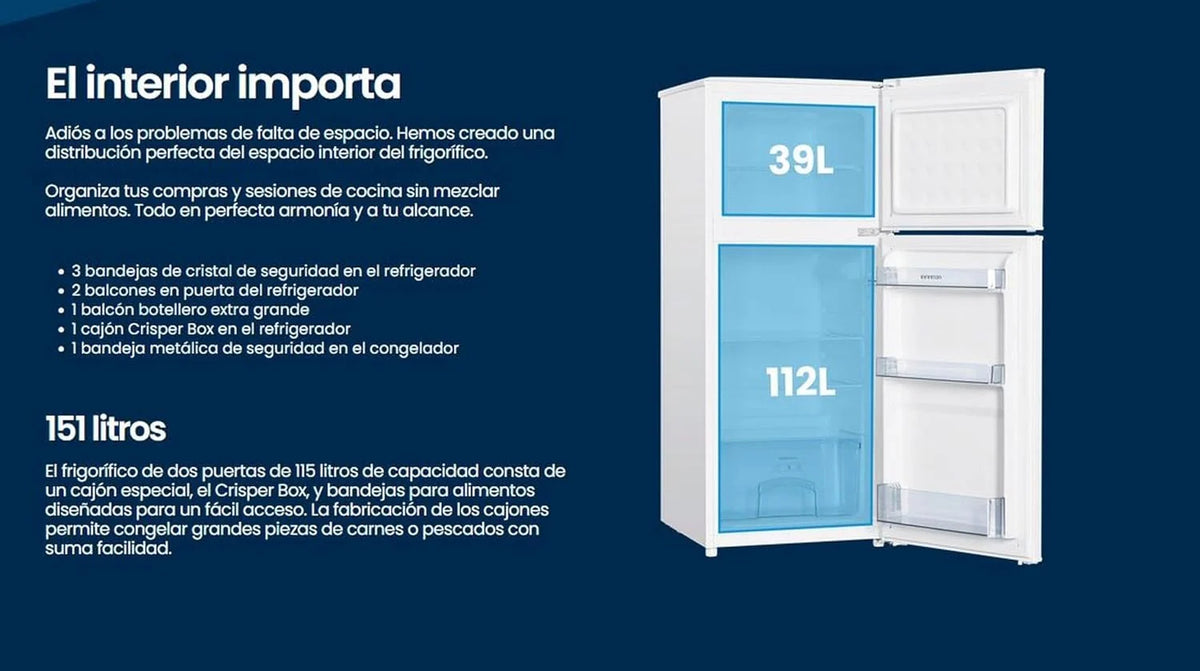 Frigorifico Dos Puertas Infiniton FG-151D12BEV. 151 Litros. 122 cm de Altura. Ancho de 50 cm. Ciclico. LED Interior. Regulación en altura. E. Blanco
