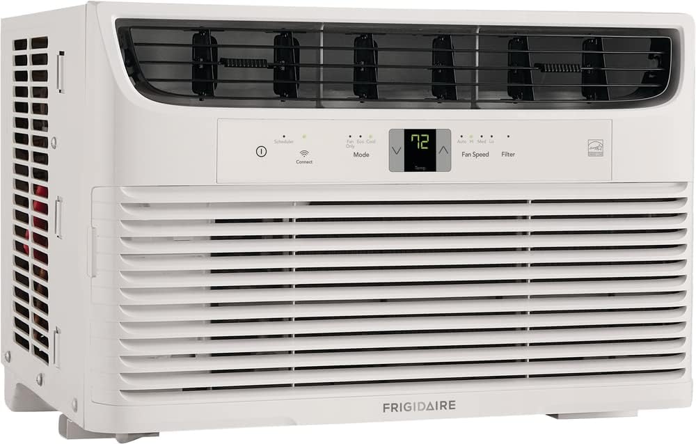 5000-watt window air conditioner. with a cooling area of 250 square feet. operates quietly. has easy and convenient temperature adjustment. 2 fan speeds. automatic restart function. and a white appearance