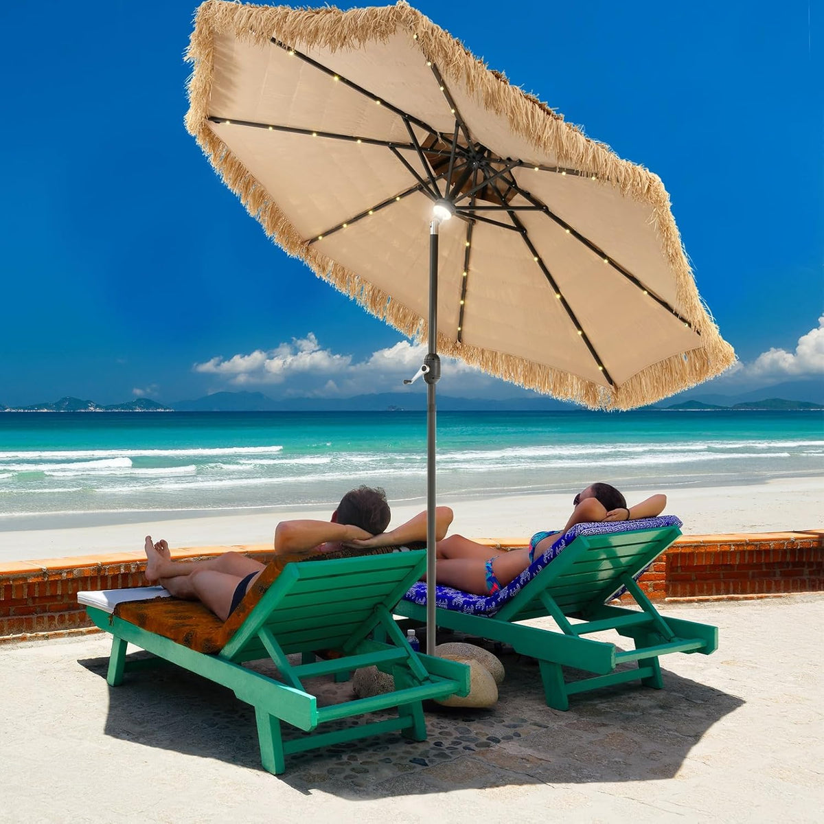 Mud-cloth style ti-ki courtyard shade umbrella - Two-layer Hawaiian lei-style inclined beach shade umbrella. equipped with 33 LED lights. 8 umbrella ribs and a rotatable lifting device. solar-powered lawn-type courtyard shade umbrella. tropical palm-