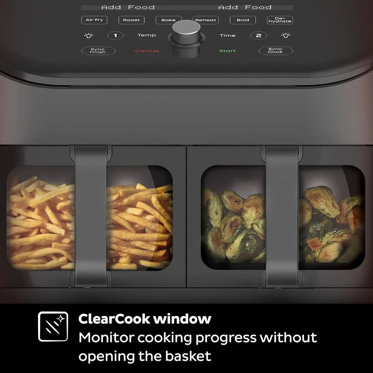 Air fryer. with a transparent casing. personalized programming. integrating 8 functions. capable of achieving various cooking methods such as frying. baking. drying. baking. heating and reheating.