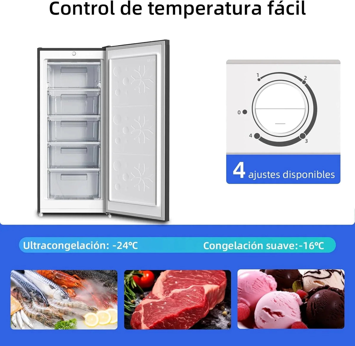 Congelador vertical independiente CHiQ. 145L de capacidad. congelación rápida. termostato ajustable. silencioso. puerta reversible. negro.