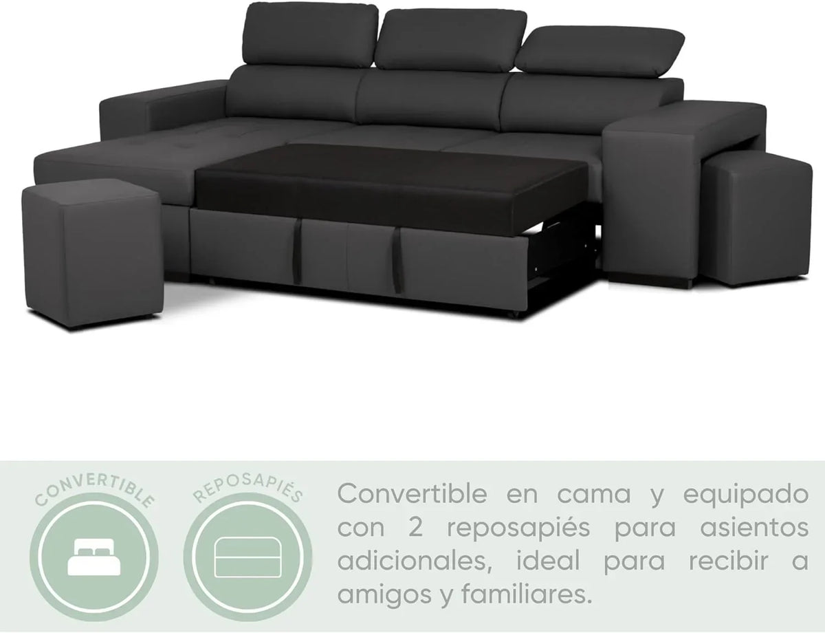 BUDWING John Sofá Cama Esquinero 4 Plazas - Chaise Longue Reversible. Reposacabezas Ajustable y 2 Pufs – Tapizado en Poliuretano – Estilo Moderno –