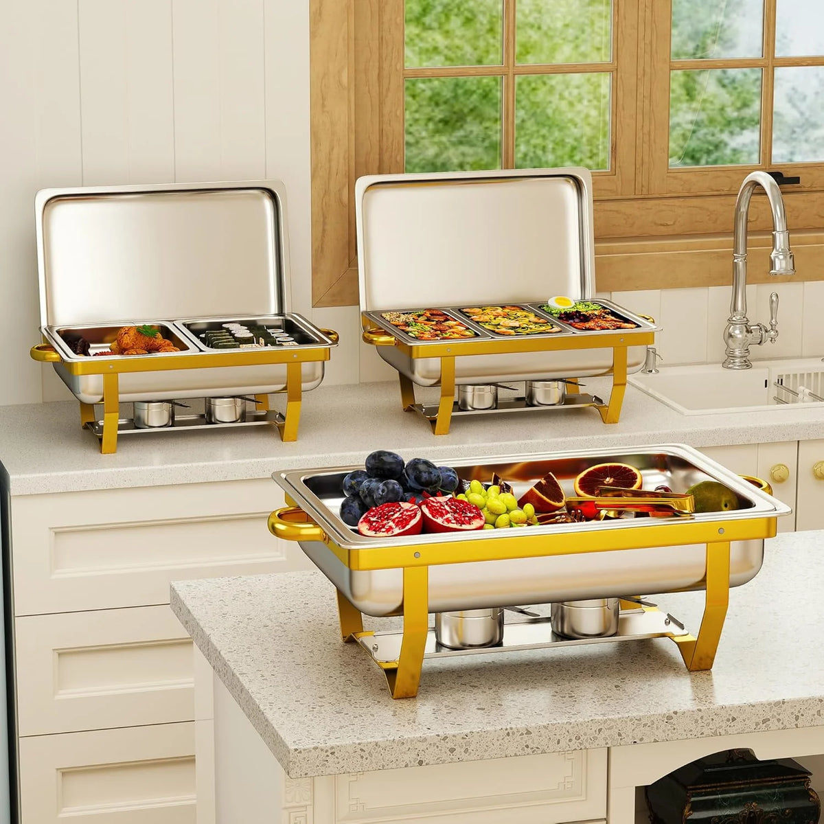 4 Pack Stainless Steel Chafing Dishes for Buffet. 9 QT Capacity 7 Pans Food Warmers for Parties. Weddings. Events Hosting. Family Gatherings. Full Set Catering Server with Serving Utensils Accessories