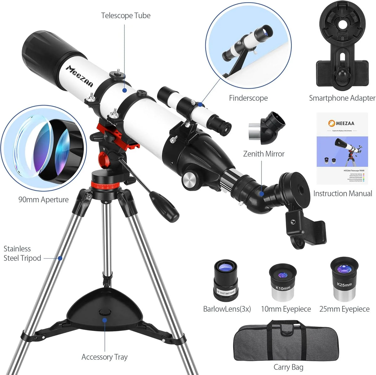 Telescope. Telescope for Adults High Powered Professional. 90mm Aperture 800mm Refractor Telescopes for Astronomy Beginners Fully Multi-Coated with AZ Mount Tripod & Phone Adapter & Carry Bag