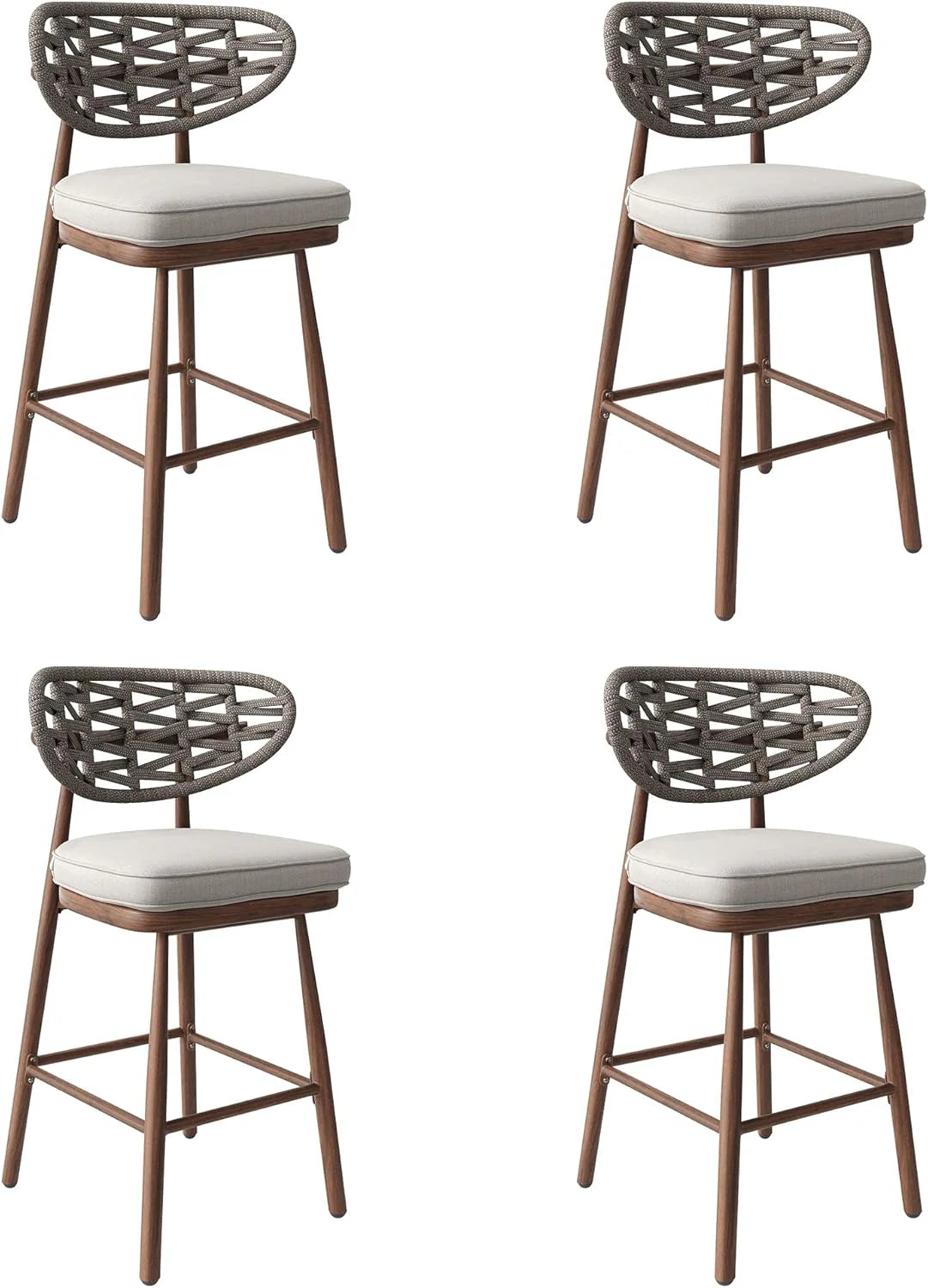 Outdoor Bar Stools Set of 2.Rattan Barstools Woven.29'' Bar Height Stools with Backrest and Teak Leg.Aluminum Bar Chairs Boho Bar Stool with Cushions.Tall Barstool for Patio.Teak