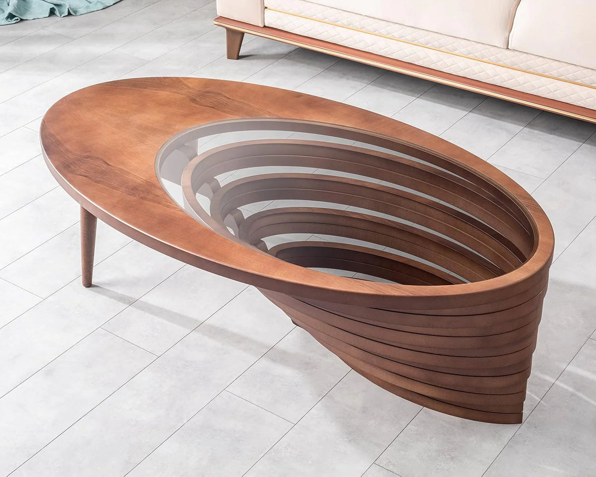 Design a modern coffee table - natural walnut veneer. tempered glass tabletop. layered wave shape. rustic wood. modern living room table. luxurious home and office decoration. central table in the living room.